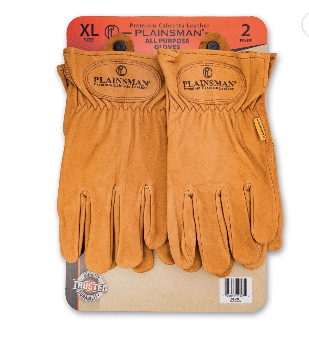 Plainsman Premium Cabretta Brown Leather Gloves Work, 2 Pairs, XL